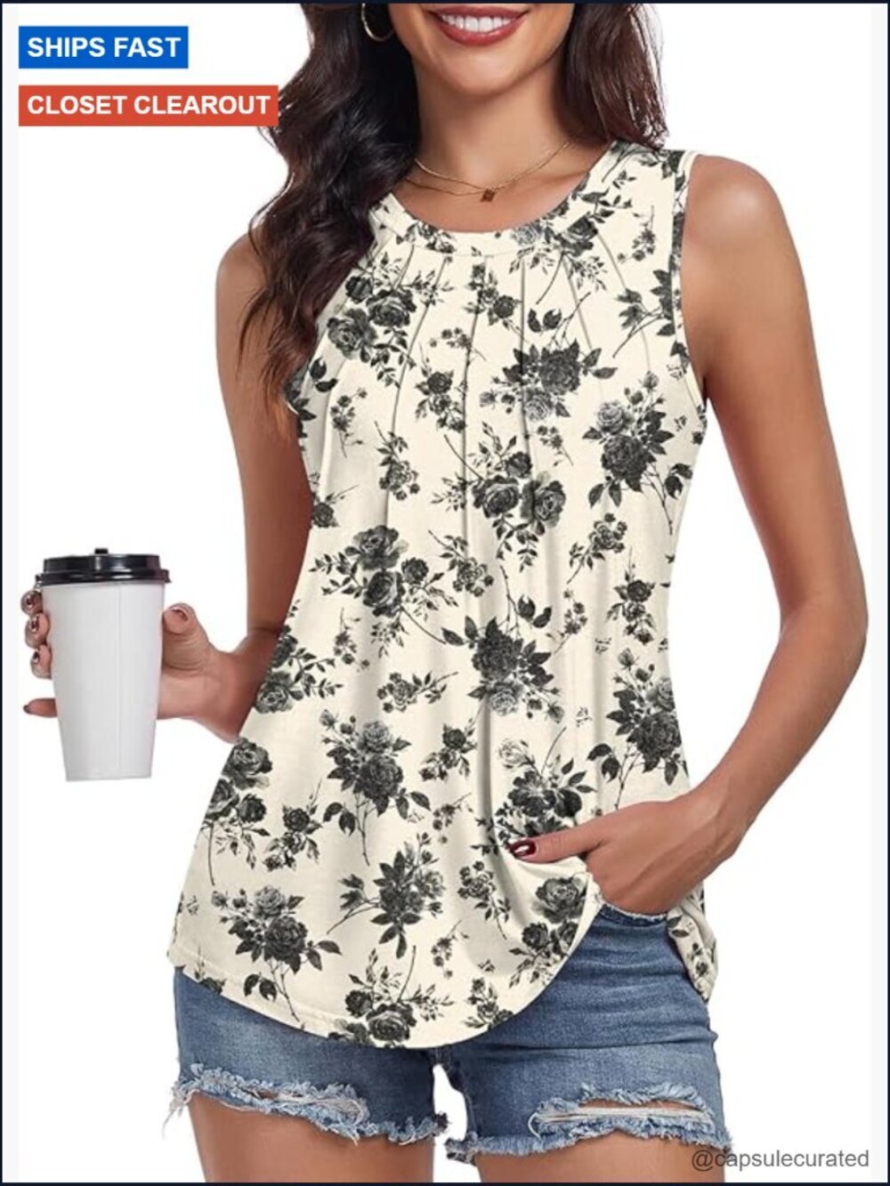 Pleated Round Neck Sleeveless Tank Top Summer Blouse Dressy Casual Stretchy